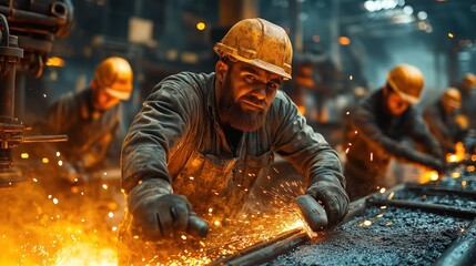 Dedicated workers craft metal components in a bustling metallurgical factory. The orange glow of molten metal and flying sparks fill the air as they focus on their tasks
