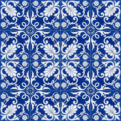 Seamless pattern, blue tiles with azulejo style flowers and leaves. 