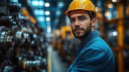 A skilled worker inspects large machinery in a metallurgical factory, ensuring everything operates smoothly during an afternoon shift with various industrial elements visible
