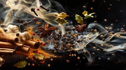 The ingredients for masala tea float in the air in clouds of mystical smoke. A traditional Indian drink. Close-up of fragrant spices and herbs against a background of smoke and steam