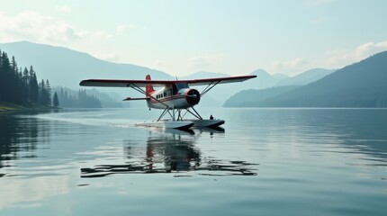 Vintage sea plane landing on a calm lake - a classic vintage sea plane with two pontoons gliding smoothly across the water.