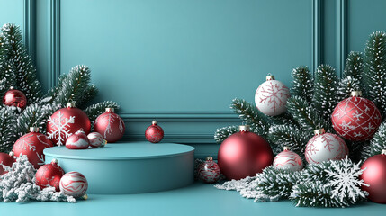 3D image of a podium with snowflakes and Christmas ornaments in a flat lay arrangement on a teal background.
