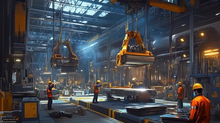 In a busy metallurgical factory, workers are engaged in operating heavy machinery and overseeing production. The atmosphere is vibrant with industrial activity