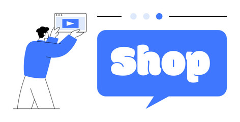 A person holding a tablet with a play button, promoting a shop displayed in a speech bubble. Ideal for online shopping e-commerce digital marketing website ads social media promotions. Minimalist