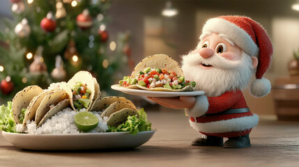 A cheerful Santa holds a plate of tacos beside a festive Christmas tree, combining holiday spirit with delicious food.