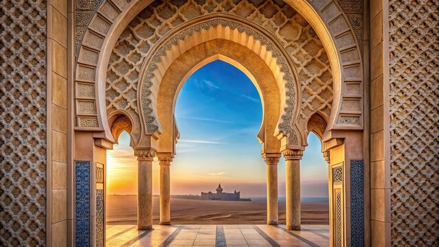 Close-up moroccan arch mosque with desert background