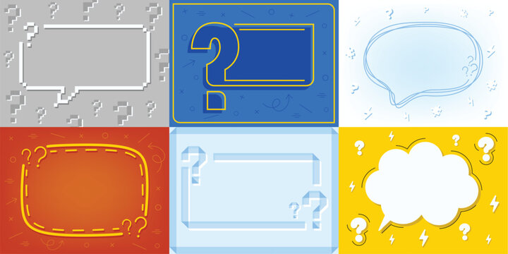 Question frame. Speech bubbles with question marks, quiz game show questions template and FAQ background. Asking banners and presentation slide layouts vector set.