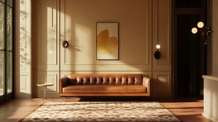 A stylish living room in retro colors with a leather couch, beige walls, and a patterned rug paired with modern lighting fixtures.
