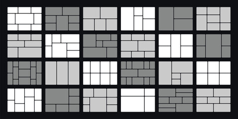 Bento grid layouts. Geometric tiles pattern, trendy frames arrangements and presentation layout templates. Tiling blocks for social media posts, web comics and photo frames vector set.