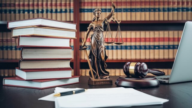 Law office workspace with books, gavel, and Lady Justice statue on a desk.
