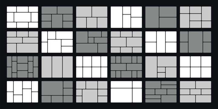 Bento grid layouts. Geometric tiles pattern, trendy frames arrangements and presentation layout templates. Tiling blocks for social media posts, web comics and photo frames vector set.