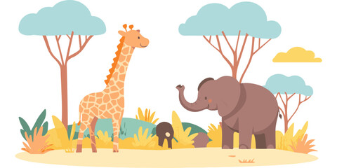 African savanna landscape with wild animals, flat vector illustration isolated on a white background.