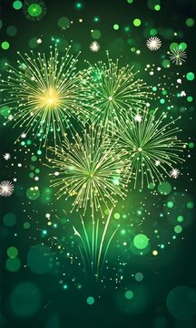 2025 New Year's Eve Party Celebration vertical video. Green fireworks dark blue bokeh vertical video. Copy paste area for text
