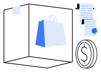 Minimalist design showcasing a shopping bag inside a transparent cube, digital receipts with a checkmark, and a dollar coin symbol. Ideal for e-commerce, online shopping, secure transactions, digital