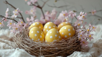 Bright Yellow Easter Eggs with White Polka Dots in Nest Surrounded by Pink Flowers