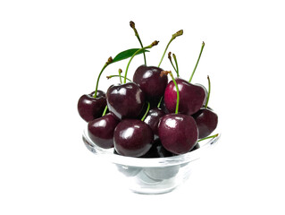 Glass Cup red sweet cherry  isolated on white background.