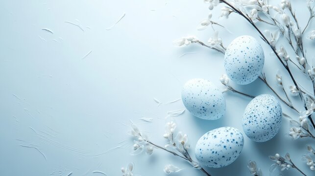 Delicate Blue and White Easter Eggs with Floral Patterns and Pussy Willow Branches on Pastel Background