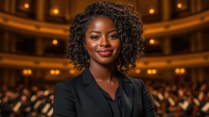 Confident female conductor leading orchestra in elegant concert hall