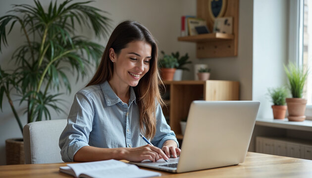 Young woman, girl student using laptop elearning or remote working at home office using laptop pc computer for webinar, learning online training digital education sitting at table, writing notes.