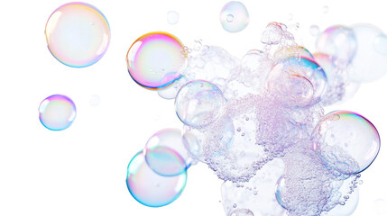 3D iridescent soap bubbles floating in air on a PNG transparent background