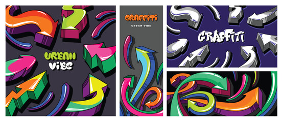 Graffiti arrow banners. Urban vibe street art poster template with dynamic and colorful pointing arrows for social media posts and marketing materials. Vector set.