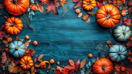 Fototapeta premium Autumnal Flat Lay of Pumpkins, Gourds, and Colorful Maple Leaves on Teal Wood Background