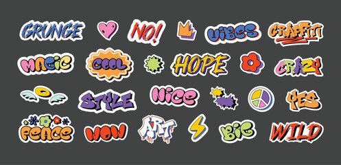 Graffiti stickers. Urban style decals, yes and no, grunge vibes, hope and peace, big, wild and magic, wow, nice and cool word sticker vector illustration set.