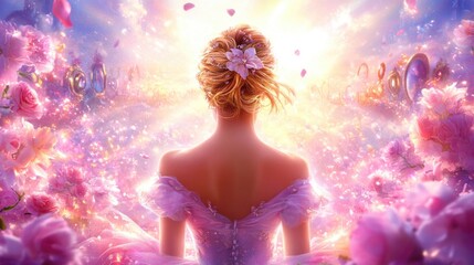 Enchanting princess in magical garden of blossoming roses at sunrise
