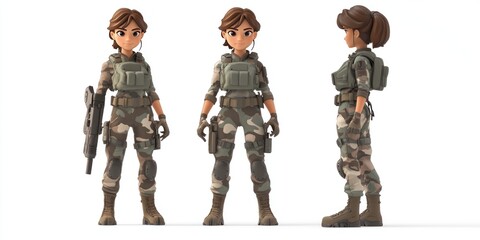 Cartoon Female Soldier in Camouflage Uniform with Weapon