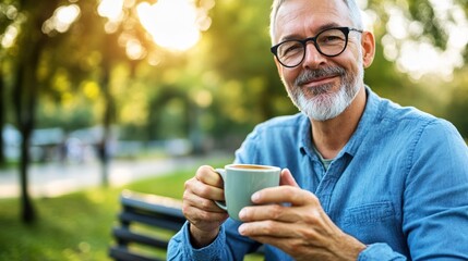 Middle-aged man with slight tremor holding cup of coffee on park bench, symbolizing struggle with Parkinson's disease, calm natural setting.
