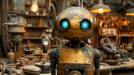 Vintage Robot with Blue Eyes in Workshop
