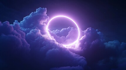 Obraz premium Abstract cloud illuminated with neon light ring on dark night sky.