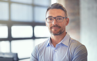 Portrait, glasses and mature business man with company experience, pride and integrity in office....