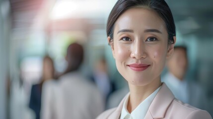 Obraz premium Group of colleagues with a smiling woman in a modern office setting, highlighting teamwork, diversity, and collaboration among professionals