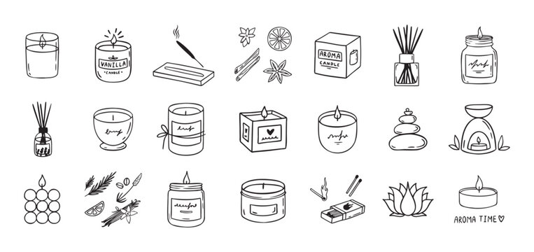 Hand drawn doodle candles set . Outline aroma collection. Burning aroma candles, Various Candles. Pillar, square and container candle. Decorative wax spice candles for relax and spa.