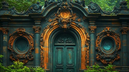 Obraz premium A close-up of unique architecture, such as an ornate window or door on an old building