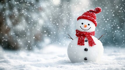 Cheerful Snowman in Red Hat and Scarf Surrounded by Falling Snowflakes in Winter Wonderland