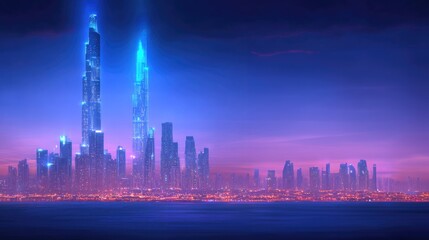 Obraz premium Futuristic neon skyline at dusk with illuminated skyscrapers and cityscape reflections