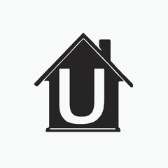 Fototapeta premium Simple black silhouette logo of an U letters house isolated on a white background, U letters house silhouette Design Vector, 3d house icon, home icon on black background, illustration of a house Logo