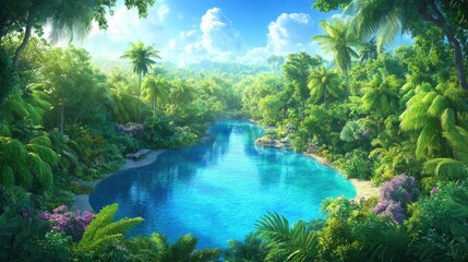 Fototapeta premium Serene jungle oasis with lush greenery and crystal clear water
