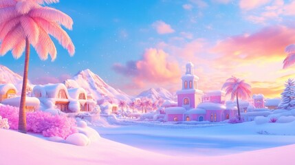 Obraz premium Tropical winter wonderland: pink snow village at sunset