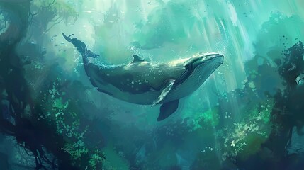 Fototapeta premium Whale Swimming Through a Lush Underwater World