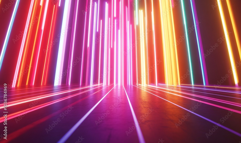 Poster vibrant neon light lines create a dynamic visual effect, illuminating a textured surface and enhanci