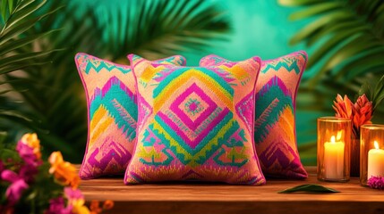 Colorful bohemian cushions with tribal patterns on wooden table surrounded by tropical foliage