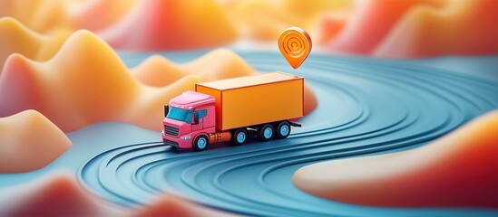 A 3D illustration location icon with a delivery truck on a winding path.