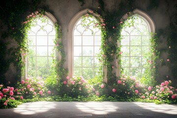 An enchanting wedding backdrop with lush greenery generative AI	
