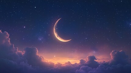 Naklejka premium A serene twilight sky featuring a crescent moon surrounded by soft, fluffy clouds and twinkling stars, creating a tranquil and magical atmosphere.