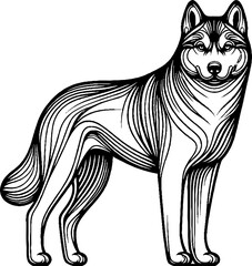 Black Grunge Style Line Art Husky Dog Walking Pose Hand Drawn Illustration