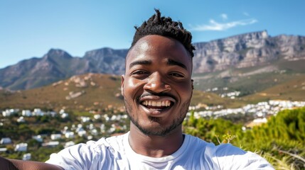 Self-portrait of a smiling mixed-race man enjoying a workout outdoors in a natural setting