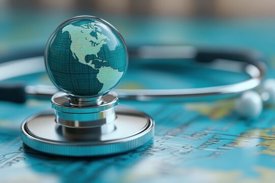 Global health concept featuring a stethoscope and a globe on a vibrant map, emphasizing healthcare and international connections